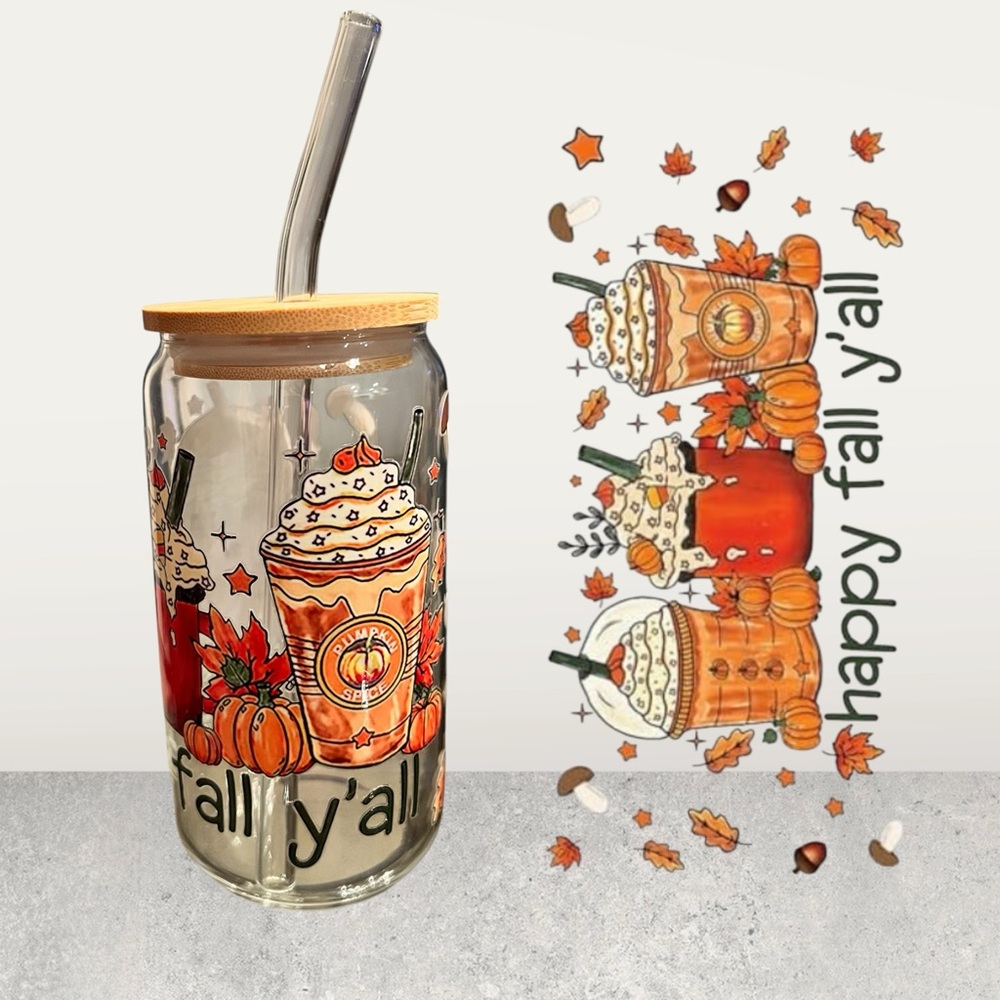 Happy Fall Y’all Coffee Glass Cup with Straw & Cleaner